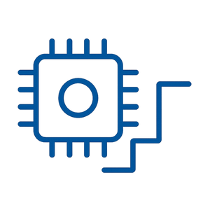 Icono de biosensores y bioimpedancia en color azul que representa chips y ondas eléctricas utilizados para detección y validación analítica.